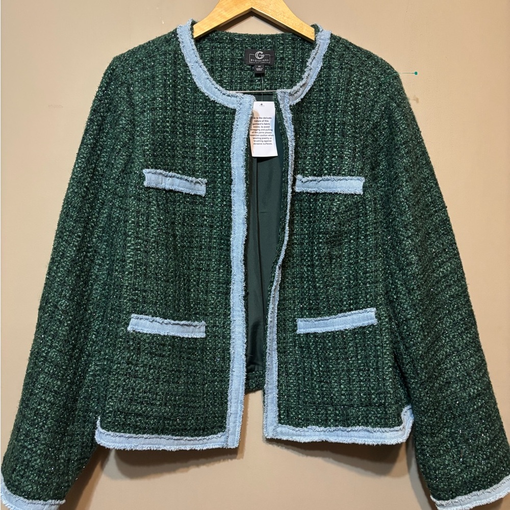 G by GUILIANA BLACK LABEL NWT Tweed Wool Blend Denim Trim Blazer